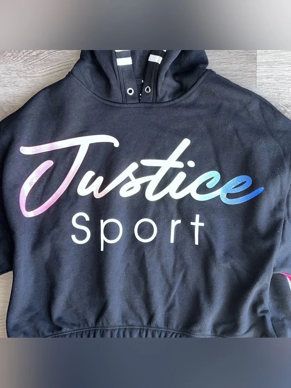 Justice Sport Girls Pullover Fleece Black Hoodie Glitter Logo Size L (12/14) NWT